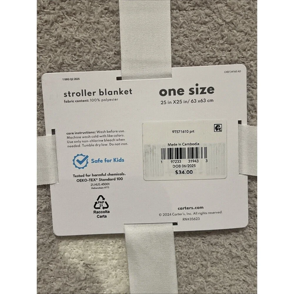 Carter’s Reversible Gray Stroller Baby Blanket White Clouds Lightweight Soft New